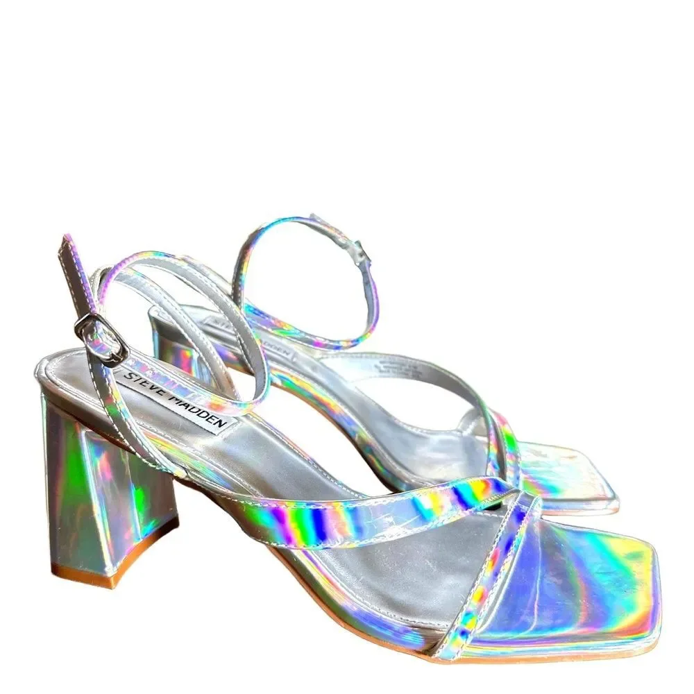 Steve Madden Heeled Sandals 8.5 Club Festival Wedding Formal Metallic Silver